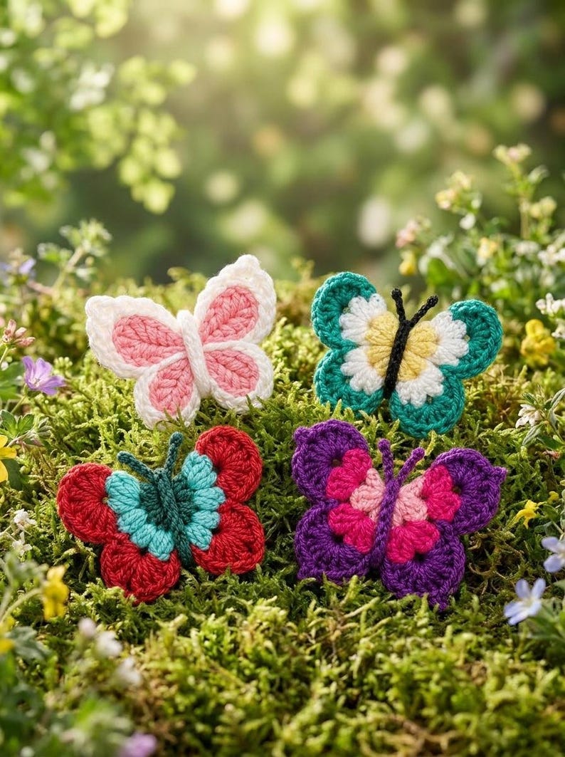 May include: Four colorful crochet butterflies rest on a bed of green moss. The butterflies are in shades of pink, red, teal, green, and purple. Each butterfly has a unique pattern and color combination, with detailed wing designs.