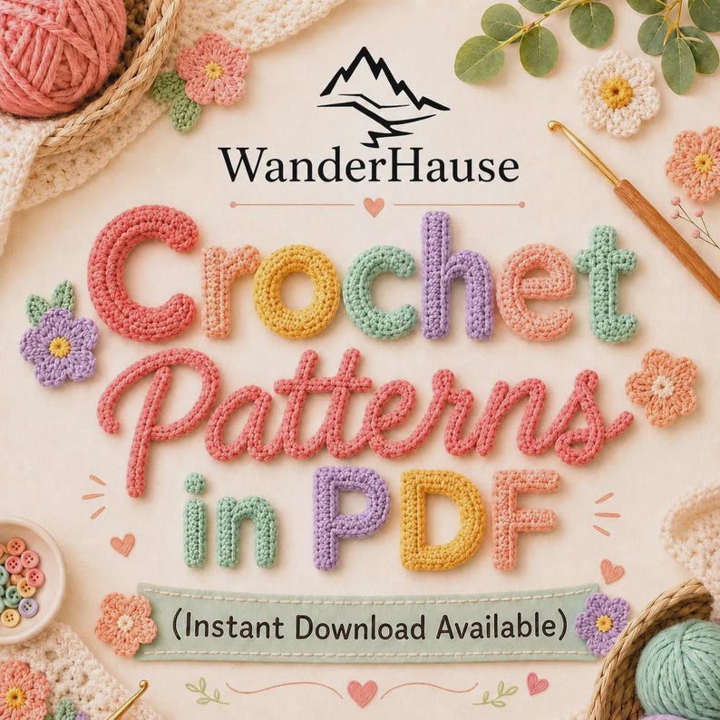 May include: A colorful image promoting crochet patterns. The text "Crochet Patterns in PDF" is displayed in various pastel colors. The brand name "WanderHause" is at the top. Crochet flowers, yarn, and a crochet hook are also visible.