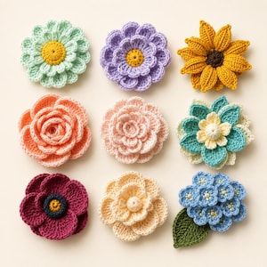 May include: A collection of nine handcrafted crochet flowers arranged in a grid. The set includes various floral designs in shades of mint green, lavender, yellow, peach, light pink, teal, dark magenta, cream, and blue with a green leaf.