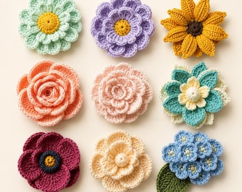 May include: A collection of nine handcrafted crochet flowers arranged in a grid. The set includes various floral designs in shades of mint green, lavender, yellow, peach, light pink, teal, dark magenta, cream, and blue with a green leaf.