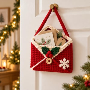 May include: A red crocheted envelope-shaped wall hanging with a cream-coloured trim, featuring a central wooden button, a green crocheted holly leaf and red berry embellishment, and a white crocheted snowflake accent, holding holiday cards.