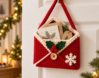 May include: A red crocheted envelope-shaped wall hanging with a cream-colored trim, featuring a central wooden button, a green crocheted holly leaf and red berry embellishment, and a white crocheted snowflake accent, holding holiday cards.