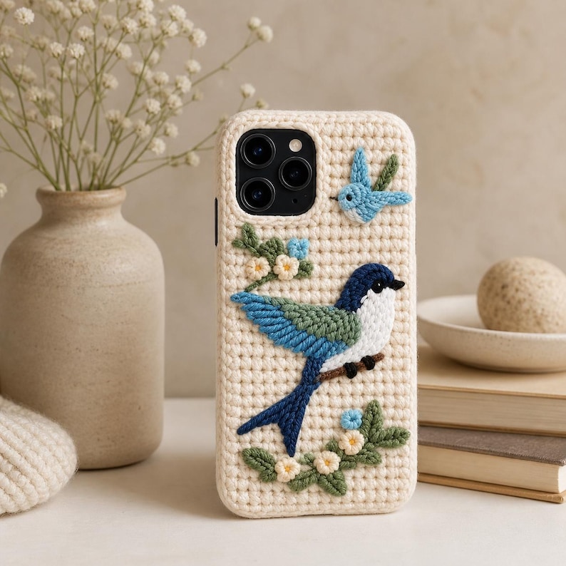 May include: Cream-colored crochet phone case featuring a blue, green, and white bird perched on a branch. The case has a textured appearance with a small blue bird and floral accents. The phone case is designed to fit a smartphone.