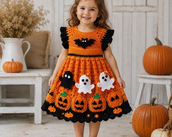 May include: A crochet dress featuring an orange bodice with a black bat appliqué, a flared skirt with black and white ghost appliqués, and orange pumpkin appliqués along the hem. The dress has black ruffled sleeves and a black scalloped trim.