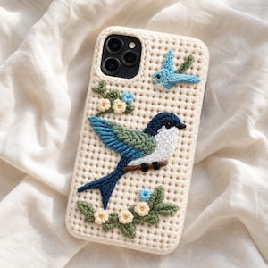 Puede incluir: Funda de teléfono de color crema con un diseño de pájaro tejido a ganchillo. La funda presenta un pájaro grande con alas azules y verdes, posado en una rama, y un pájaro más pequeño en vuelo. Acentos florales con flores azules y amarillas completan el diseño.