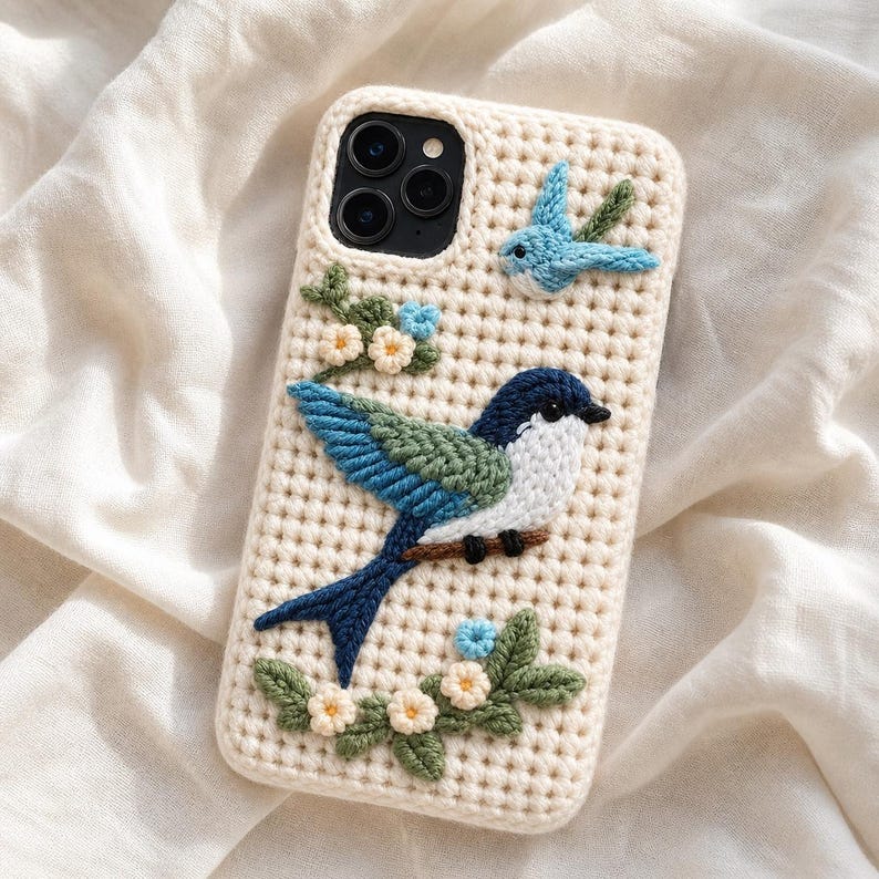 May include: Cream-colored phone case with a crocheted bird design. The case features a large bird with blue and green wings, perched on a branch, and a smaller bird in flight. Floral accents with blue and yellow flowers complete the design.