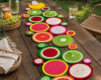 May include: A collection of circular crochet coasters and mats designed to resemble various sliced fruits, including watermelon, kiwi, orange, and dragon fruit, featuring vibrant colors like red, green, orange, pink, and white in a variety of sizes.