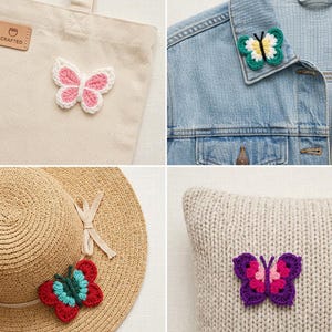 May include: A collection of four images showcasing handmade crochet butterfly embellishments. The butterflies are in various colors, including pink, green, red, and purple, and are attached to a tote bag, denim jacket, straw hat, and a knitted pillow.