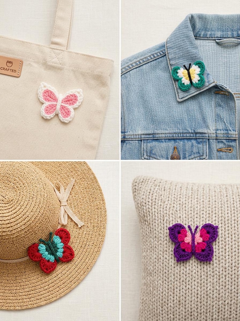 May include: A collection of four images showcasing handmade crochet butterfly embellishments. The butterflies are in various colors, including pink, green, red, and purple, and are attached to a tote bag, denim jacket, straw hat, and a knitted pillow.