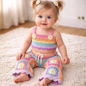 May include: A baby wearing a handmade crochet outfit. The outfit includes a rainbow-colored crop top and matching pants, both adorned with daisy accents. The baby has blonde hair styled in pigtails, each with a daisy hair accessory.