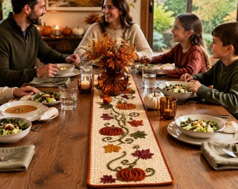 May include: A rectangular cream-colored table runner featuring a textured, embroidered design of orange pumpkins, green vines, and multi-colored autumn leaves in shades of red, orange, and yellow, finished with a dark orange stitched border.