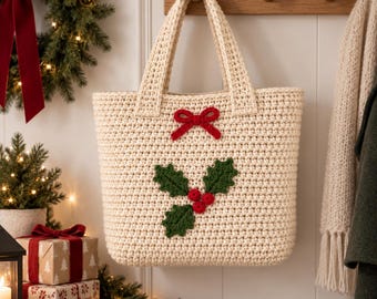 May include: A cream-colored crochet tote bag featuring a small red yarn bow at the top center and a decorative holly motif consisting of three dark green leaves and three small red berries centered on the front of the bag with two sturdy handles.