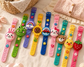 May include: A collection of nine colorful crochet wristbands featuring various decorative motifs including a rabbit, frog, rainbow, sunflower, car, cat, bear, chick, and strawberry, each accented with small crocheted flowers along the strap.