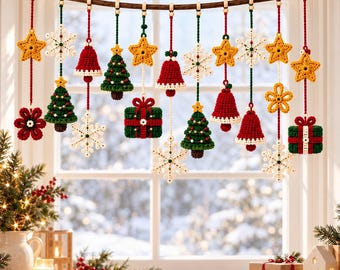 May include: A decorative wall hanging featuring a horizontal wooden branch suspending multiple crocheted ornaments including yellow stars, white snowflakes, red bells, green Christmas trees, and green gift boxes with red bows, all connected by yarn.
