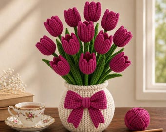 Pacchetto di schemi per realizzare un vaso di tulipani all'uncinetto / Amigurumi Fiore PDF / Fai da te adatto ai principianti / Download immediato