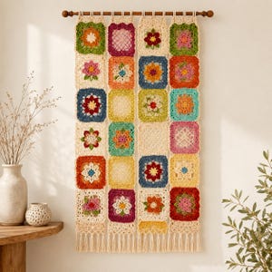 Crochet Patchwork Curtain Pattern PDF, Floral Granny Squares, Boho Cottagecore Window Decor