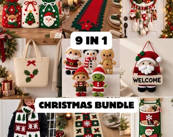 May include: A 9-in-1 Christmas bundle featuring various crochet items including gift bags, a table runner, a wall hanging, a tote bag, plush figures, a welcome sign, a scarf, and a wall organizer, all decorated with holiday motifs.