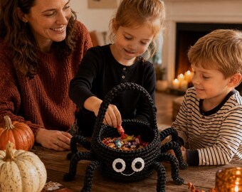 May include: A black crocheted spider basket with eight legs, a handle, and two white circular eyes with a stitched smile. The basket is filled with assorted colorful wrapped candies, sitting on a wooden surface next to two pumpkins.