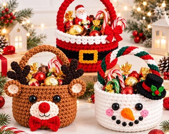 May include: Three crocheted holiday baskets featuring a red Santa suit with a belt, a brown reindeer with a red bow tie, and a white snowman wearing a black top hat. Each basket is filled with assorted wrapped candies and candy canes.