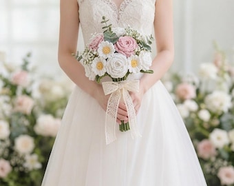 May include: A crochet flower bouquet featuring pink and white roses, white daisies with yellow centers, and green foliage. The stems are wrapped in a cream-colored lace ribbon tied in a bow, creating a textured, handcrafted floral arrangement.