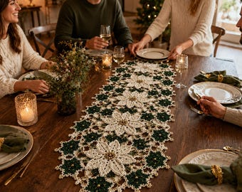 May include: A long, rectangular crochet table runner featuring a repeating pattern of white poinsettia flowers and dark green star-shaped motifs. The design is accented with small gold beads throughout, creating a festive, intricate lace-like texture.