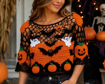 May include: A black crochet top featuring an orange panel with black bat appliqués, white ghost motifs, and orange pumpkin accents. The garment has a wide neckline, short sleeves, and an open-knit mesh pattern throughout the upper section.