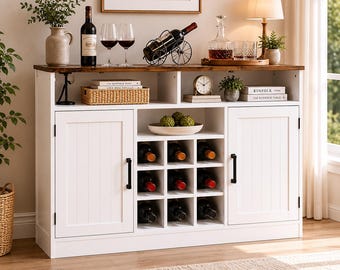 Farmhouse Buffet Cabinet with Wine Rack and Power Outlet – Rustic Sideboard Coffee Bar