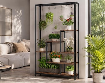 Soporte metálico alto de 5 niveles para plantas con ganchos – Estante de exhibición para jardín interior y exterior