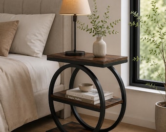 Narrow Industrial End Table with 3 Wood Shelves Small Sofa Side Table Slim Storage Table for Living Room