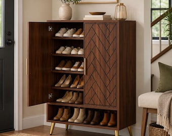 Zapatero de 6 niveles con puertas, mueble de almacenamiento de zapatos de madera, organizador de entrada, estantes ajustables, zapatero estrecho