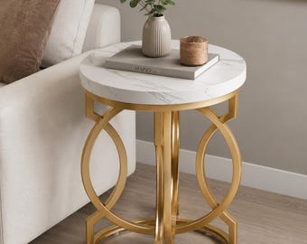 Modern Round End Table, Faux Marble Top, Gold O-Shape Base Accent Side Table