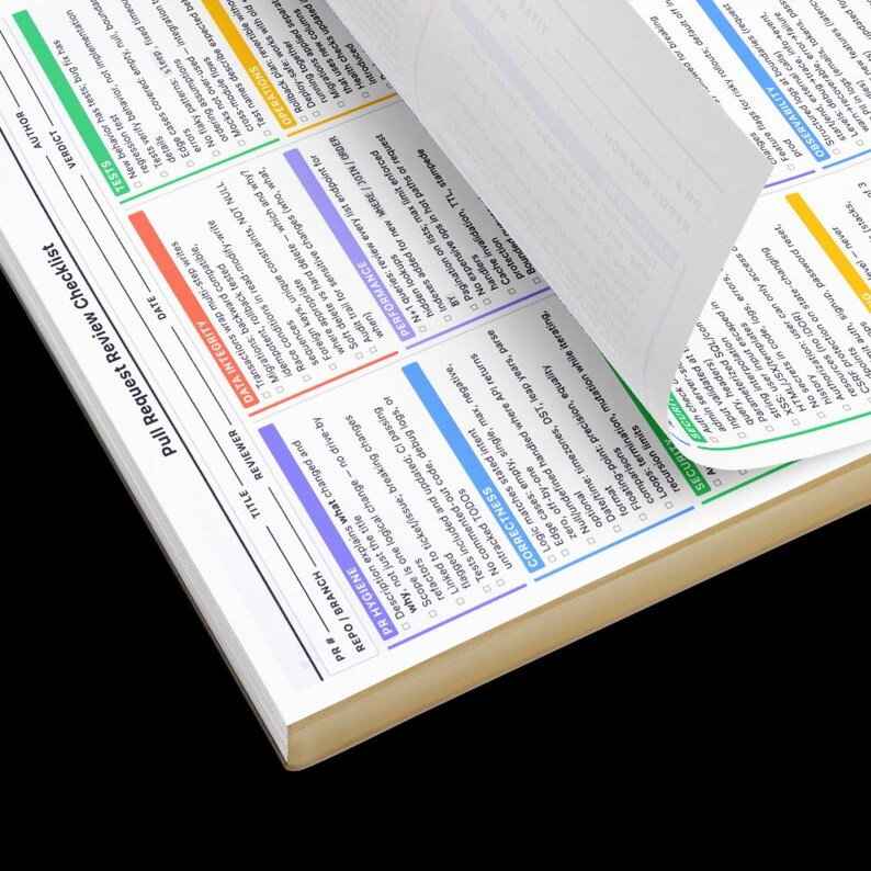 Peut inclure: Un carnet de contr&ocirc;le avec des sections color&eacute;es et du texte. Les pages sont ouvertes, r&eacute;v&eacute;lant des informations d&eacute;taill&eacute;es. Le carnet est utilis&eacute; pour les revues de demandes d'extraction, avec des sections pour l'int&eacute;grit&eacute; des donn&eacute;es, la performance et les tests.