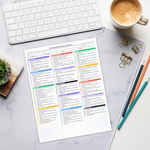 May include: A white printed checklist titled "Pull Request Review Checklist" with colorful sections, a keyboard, a cup of coffee, pencils, and paper clips on a white marble surface. The checklist includes sections for "Bond/Search", "Design", "Correctness", and more.