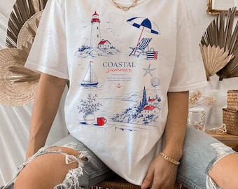Ilustración lineal de verano costero, escena de playa con faro (descarga digital)