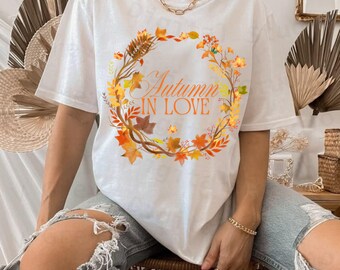 Otoño enamorado PNG, diseño de corona otoñal para sublimación, marco floral (descarga digital)