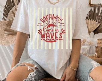 Paquete de archivos SVG de estilo retro playero, diseño de camiseta veraniega con olas de felicidad (descarga digital)