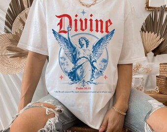 Divine Angel Vintage Christian T-Shirt Design PNG, Psalm 91:11 Religious Graphic Tee, Gothic Angel Artwork, Faith Based, Digital Download