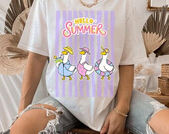 Imágenes prediseñadas de gansos de verano en la playa, diseño divertido de aves acuáticas para sublimación (descarga digital)