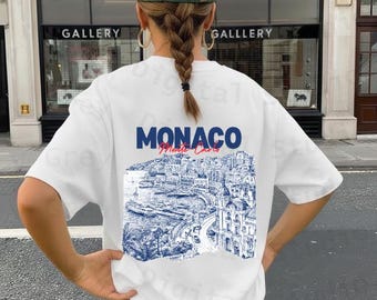 Boceto costero de Montecarlo, Mónaco, ilustración en tela azul (descarga digital)