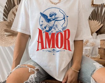 Amor Cupido Vintage PNG, Diseño de Camiseta de Querubín Romántico, Gráfico de San Valentín Coqueta, Ilustración de Cupido Azul y Rojo, Descarga Digital de Amor Retro