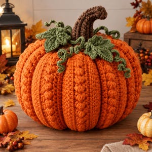 May include: A large, round, orange crocheted pumpkin featuring a textured surface with vertical rows of bobble stitches. It has a dark brown crocheted stem, two green crocheted leaves, and several green crocheted curly tendrils on top.