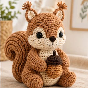 May include: A crocheted squirrel stuffed animal made with brown and cream yarn. The squirrel has large black eyes, tufted ears, and a bushy tail. It is holding a small, dark brown crocheted acorn in its front paws. The texture is visible throughout.