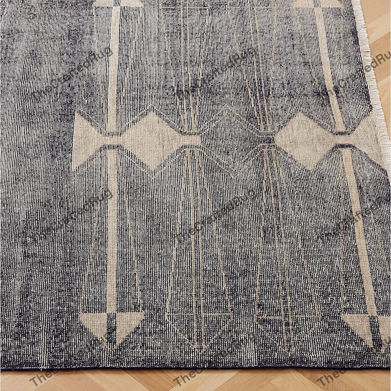 Hand Knotted Tribal Area Rug Black Cream Geometric Arrow Pattern Rug Boho Southwestern Wool Carpet Handmade Floor Rug Living Room Area Rug