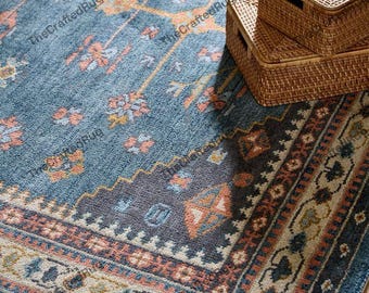 Handgeknüpfter Wollteppich in Marineblau Tribal Medaillon Design Luxus Erbe Teppich Handwerker Statement Dekor für Wohnzimmer Schlafzimmer Teppich Dekor