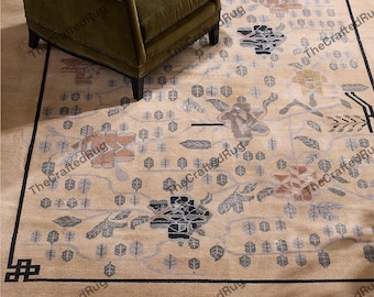 Oriental Hand Knotted Wool Rug Beige Floral Medallion Carpet Traditional Artisan Area Rug Elegant Interior Floor Decor Piece 9x12 Area Rug