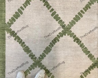 Olivgrüner Rauten-Teppich in Rauten-Design, Neutraler, Moderner Bauernhaus-Teppich für Wohnzimmer Schlafzimmer Großer Geometrischer Bodenteppich 10x14
