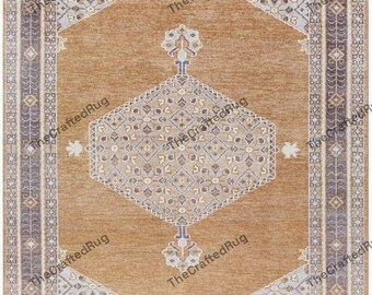 Großer Teppich 10x14.60cm Handgefertigter Designer Teppich Handgefertigt in Camel Braun mit Graublau Akzenten