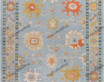 Himmelblauer Teppich mit Koralle-Orange-Akzenten Handgefertigter Designer-Teppich für Wohnzimmer Schlafzimmer Eleganter Statement-Heimteppich