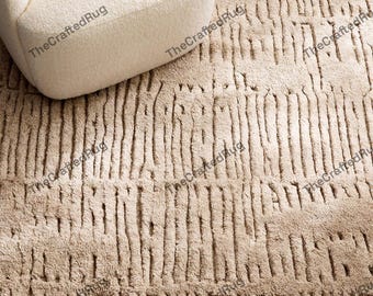 Luxury Beige Hand Knotted Wool Rug Modern Textured Area Carpet Neutral Abstract Floor Covering for Living Room Bedroom Interior Decor Rug