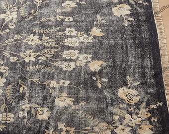 Hand Knotted Floral Area Rug, Distressed Black Beige Wool Rug, Oriental Style Design, Luxury Living Room Bedroom Decor, Custom Size Rug 8x10